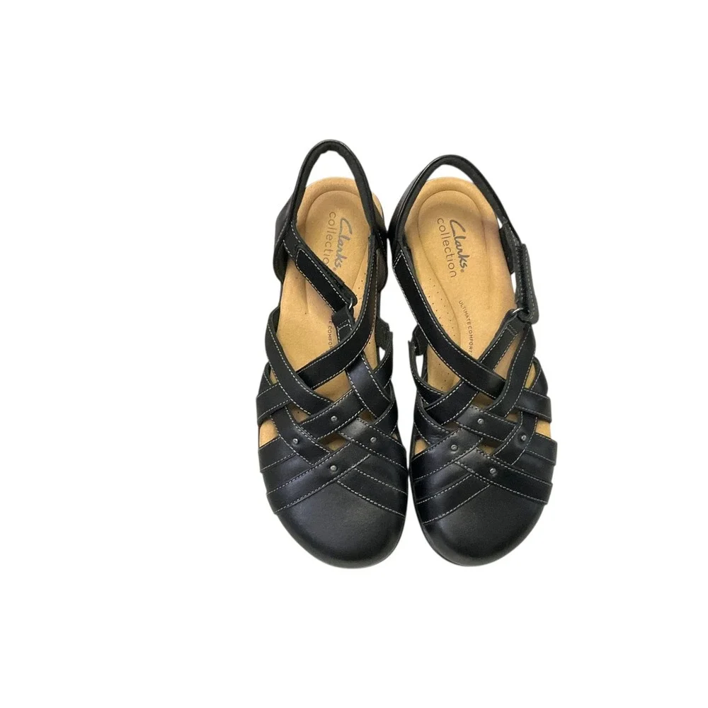 Clarks Collection Women Black Leather Strappy Comfort Slingback Sandals Size 8‎